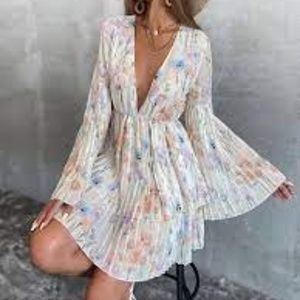 Plunging Neck Pleated Floral Dress NWOT